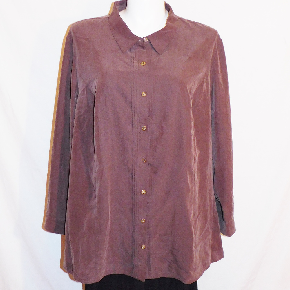 3X Catherines Brown Faux Silk Button Up Top EUC